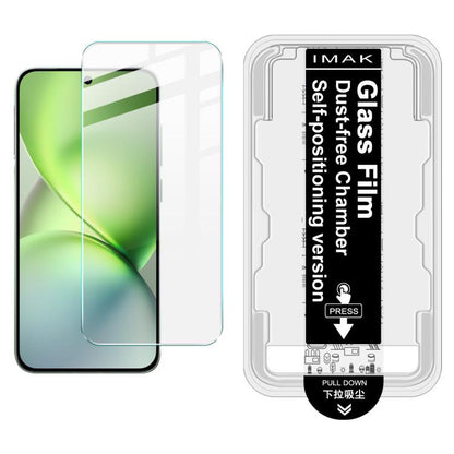 Tempered glass screen protector film with IMak tray and alignment guide, clear finish on light green display