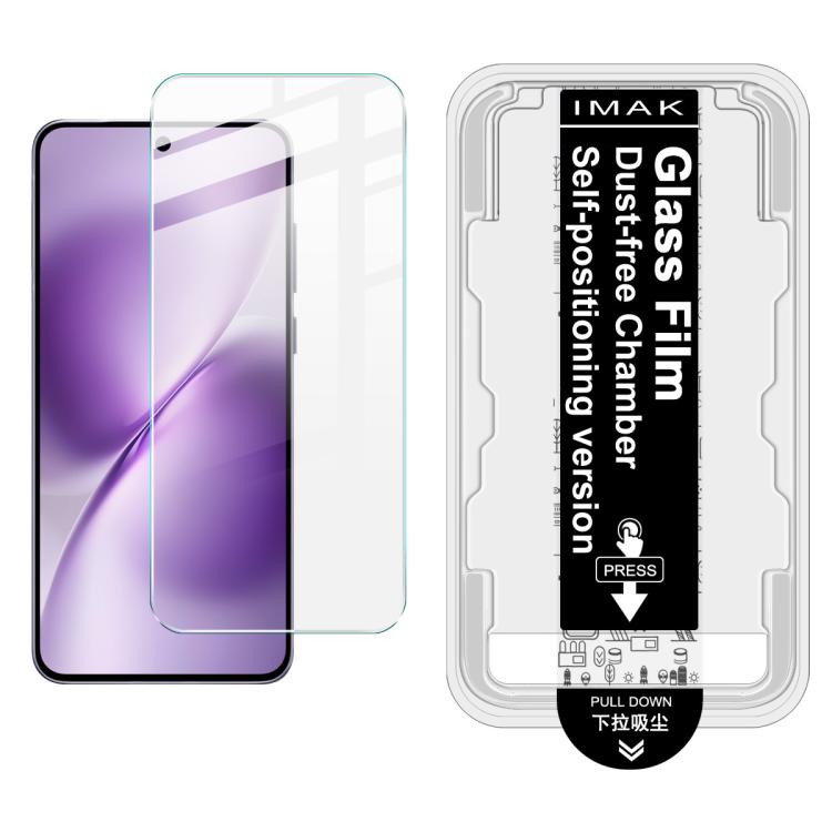 Tempered glass screen protector kit with install frame; clear film on purple phone screen.