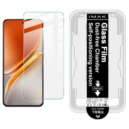 Tempered glass screen protector film with IMak tray and alignment guide, clear finish on orange display