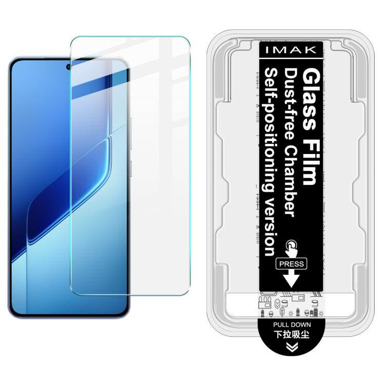 Tempered glass screen protector kit with install frame; clear film on blue phone screen.