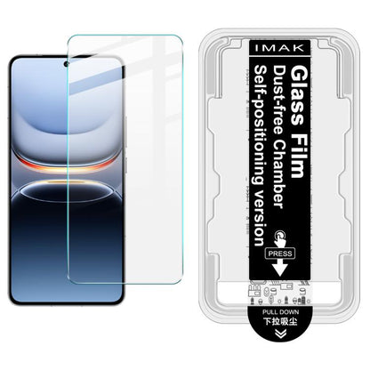 Tempered glass screen protector film with IMak tray and alignment guide, clear finish on blue display