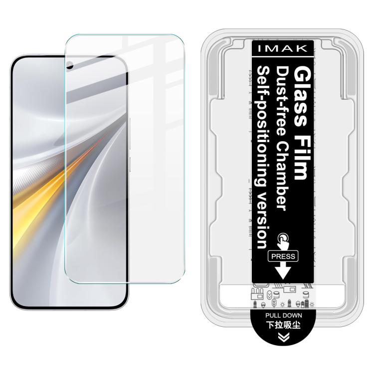 Tempered glass screen protector kit with install frame; clear film on gray phone screen.