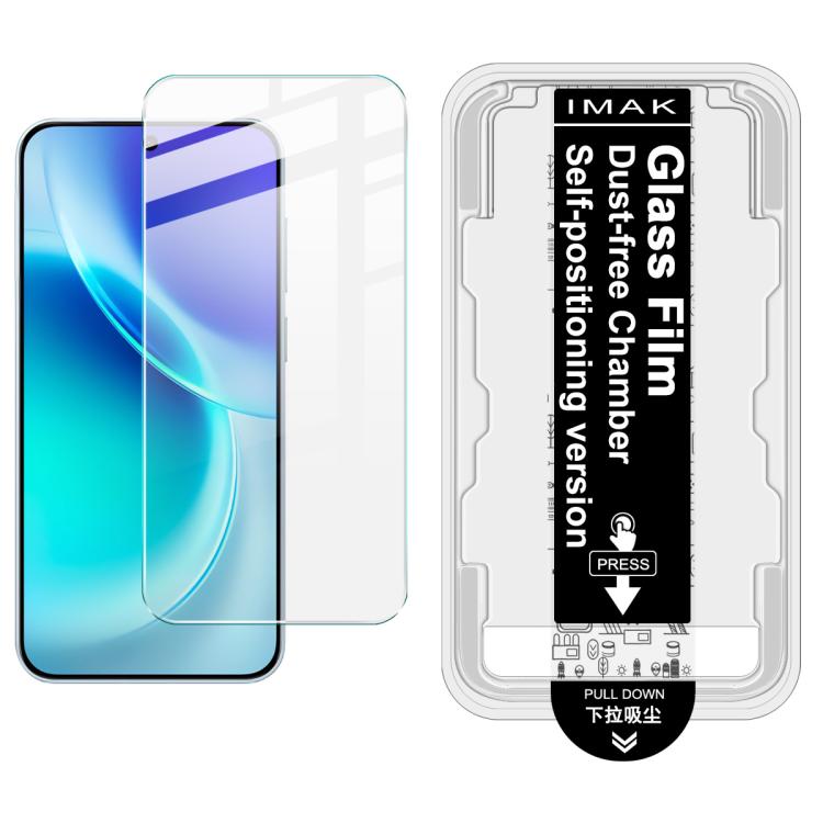 Tempered glass screen protector kit with install frame; clear film on blue phone screen.