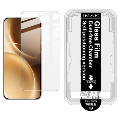 Tempered glass screen protector kit with install frame; clear film on gold phone screen.