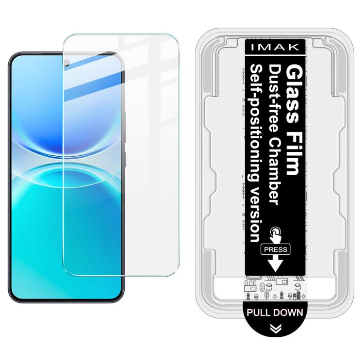 Tempered glass screen protector kit with install frame; clear film on blue phone screen.