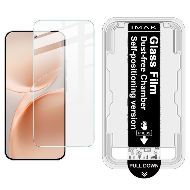 iMAK dust-free tempered glass film on beige smartphone screen, with installation tray