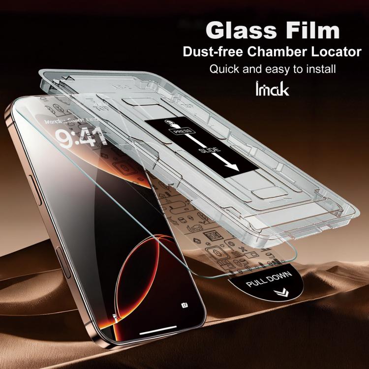 Tempered glass film with dust-free chamber locator tray and pull-down tab
