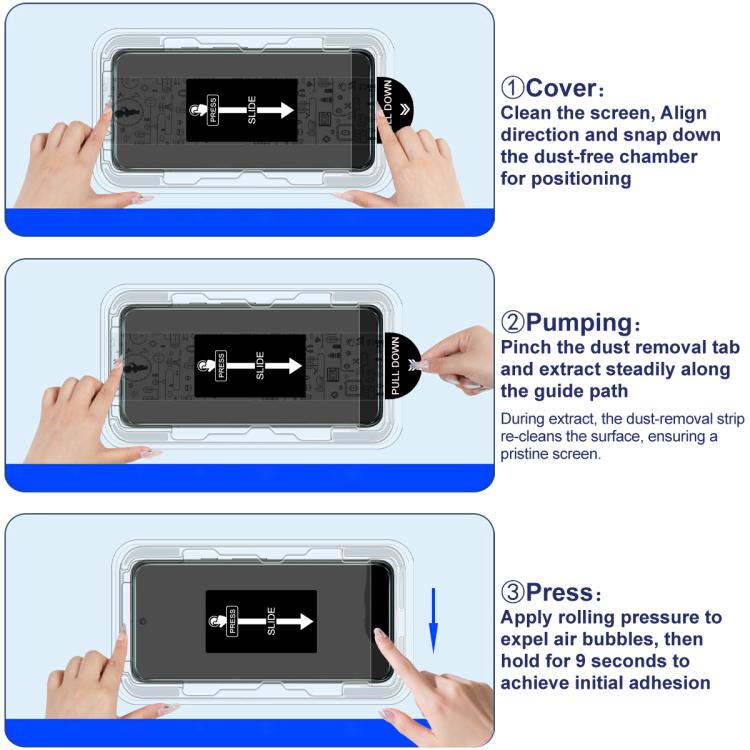 Step-by-step dust-free chamber installation diagram for tempered glass film