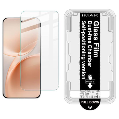 iMAK dust-free tempered glass film on beige smartphone screen, with installation tray