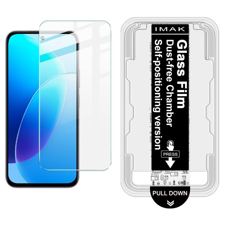 iMAK dust-free tempered glass film on cyan smartphone screen, with installation tray