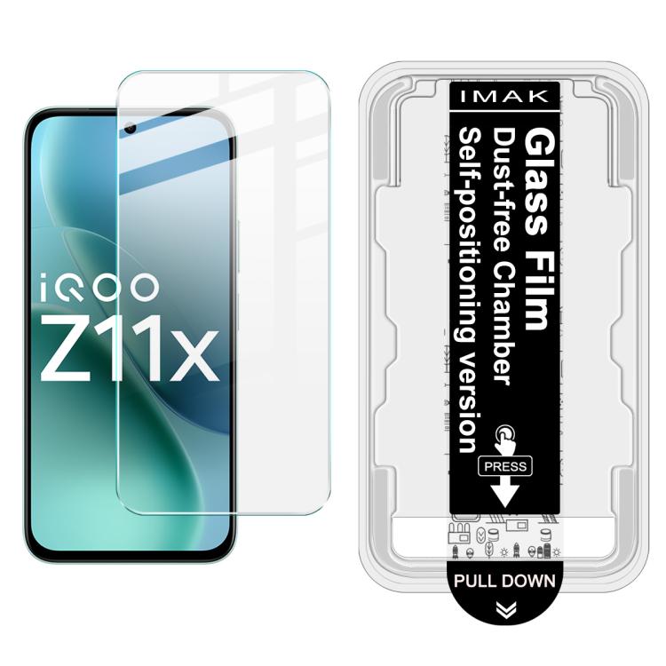 iMAK dust-free tempered glass film on teal smartphone screen, with installation tray