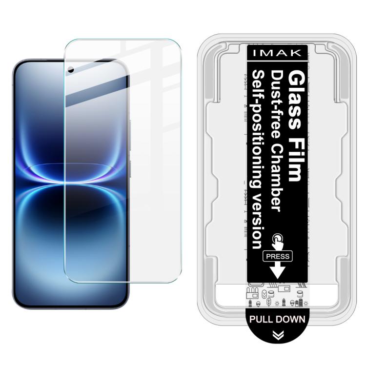 iMAK dust-free tempered glass film on dark blue smartphone screen, with installation tray