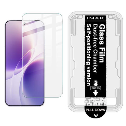 iMAK dust-free tempered glass film on purple smartphone screen, with installation tray