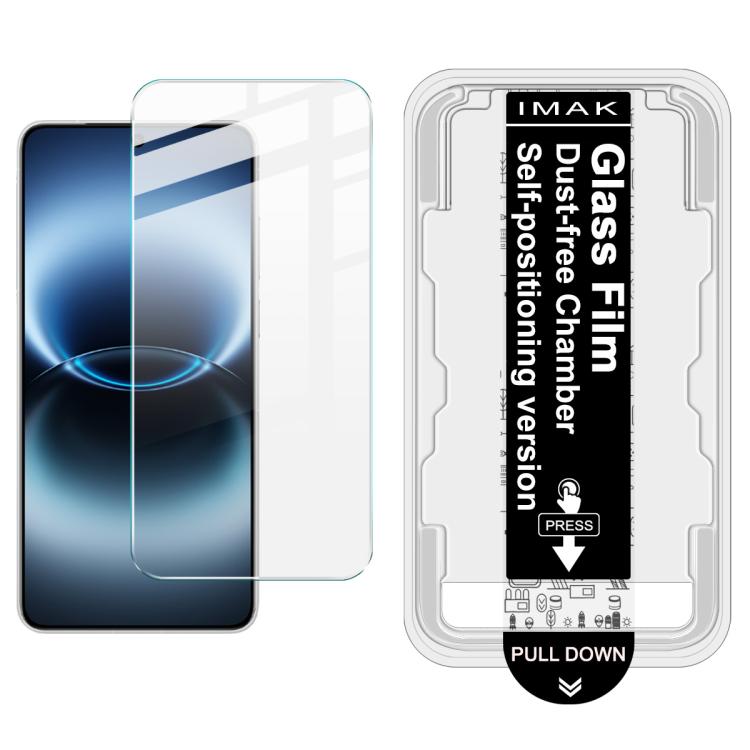 iMAK dust-free tempered glass film on dark blue smartphone screen, with installation tray