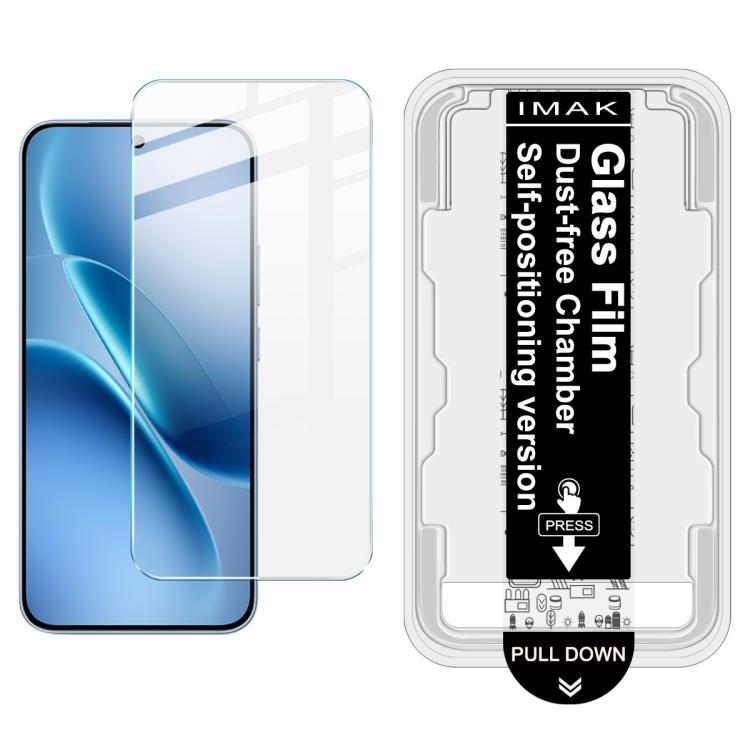 iMAK dust-free tempered glass film on blue smartphone screen, with installation tray