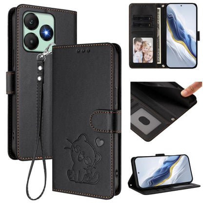 Embossed Heart Cat Leather Phone Case with Hand Strap, For Wiko T60 / Cubot P80, For Wiko T20
