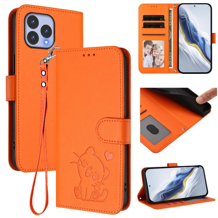 Embossed Heart Cat Leather Phone Case with Hand Strap, For Wiko T60 / Cubot P80, For Wiko T20