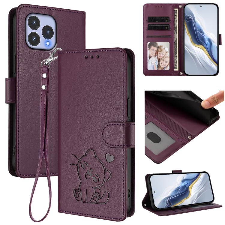 Embossed Heart Cat Leather Phone Case with Hand Strap, For Wiko T60 / Cubot P80, For Wiko T20