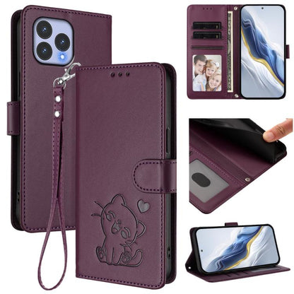Embossed Heart Cat Leather Phone Case with Hand Strap, For Wiko T60 / Cubot P80, For Wiko T20