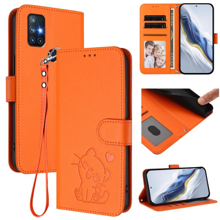 Embossed Heart Cat Leather Phone Case with Hand Strap, For OnePlus Nord N200 5G, For OnePlus Nord N10 5G