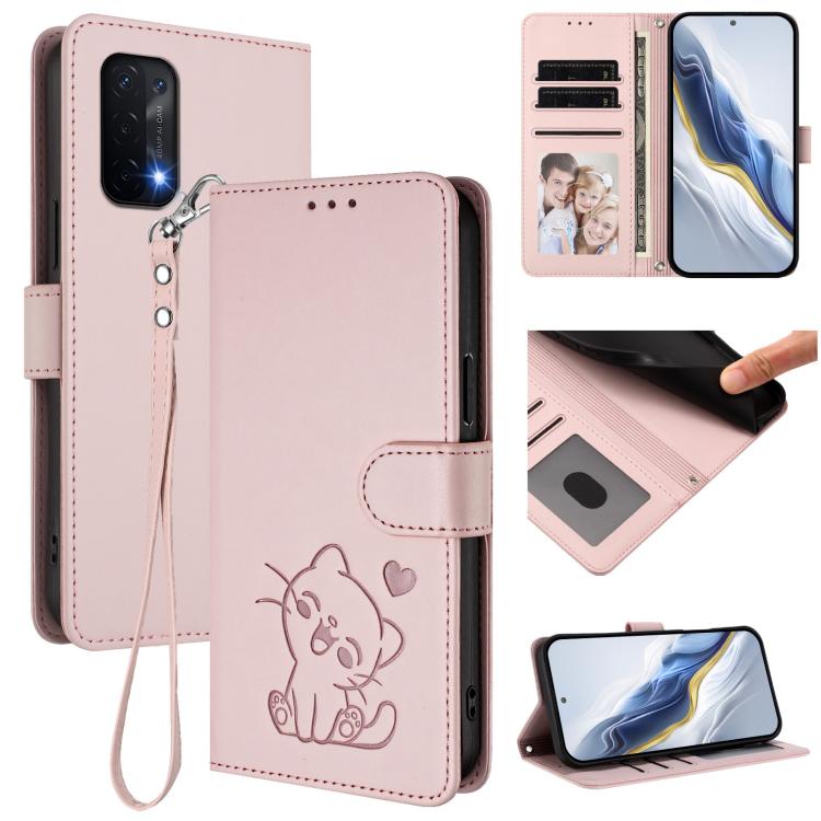 Embossed Heart Cat Leather Phone Case with Hand Strap, For OnePlus Nord N200 5G, For OnePlus Nord N10 5G