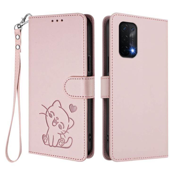 Embossed Heart Cat Leather Phone Case with Hand Strap, For OnePlus Nord N200 5G, For OnePlus Nord N10 5G