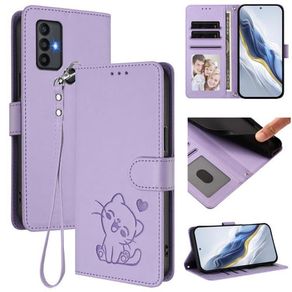 Embossed Heart Cat Leather Phone Case with Hand Strap, For TCL Stylus 5G, For TCL 303, For TCL 30T / T603DL, For TCL 20R / Bremen 5G / 20AX 5G, For TCL 30 4G / 5G / 30+, For TCL 30 SE, For TCL 30 XE 5G / 30V 5G / T781S
