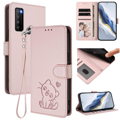 Embossed Heart Cat Leather Phone Case with Hand Strap, For TCL 50 SE / 40 NxtPaper 4G, For TCL 501 / Vodafone Smart M25, For TCL 505 / T509K / T5094, For TCL 502, For TCL 40 SE, For TCL 403 / Vodafone Smart M23, For TCL 40 R 5G / Sharp Aquos V6 5G     ...