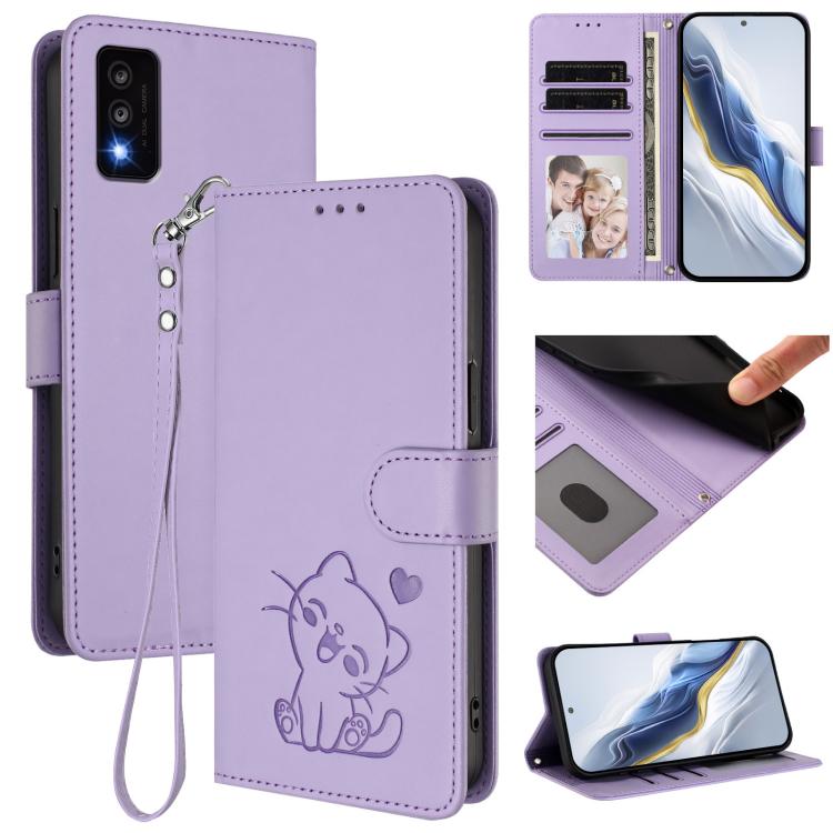 Embossed Heart Cat Leather Phone Case with Hand Strap, For TCL Stylus 5G, For TCL 303, For TCL 30T / T603DL, For TCL 20R / Bremen 5G / 20AX 5G, For TCL 30 4G / 5G / 30+, For TCL 30 SE, For TCL 30 XE 5G / 30V 5G / T781S