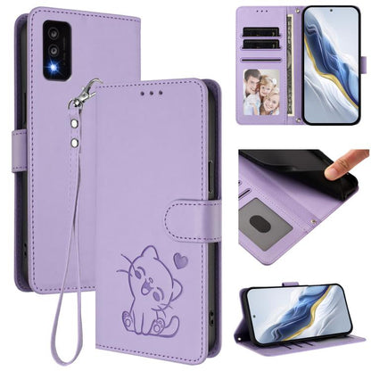 Embossed Heart Cat Leather Phone Case with Hand Strap, For TCL Stylus 5G, For TCL 303, For TCL 30T / T603DL, For TCL 20R / Bremen 5G / 20AX 5G, For TCL 30 4G / 5G / 30+, For TCL 30 SE, For TCL 30 XE 5G / 30V 5G / T781S
