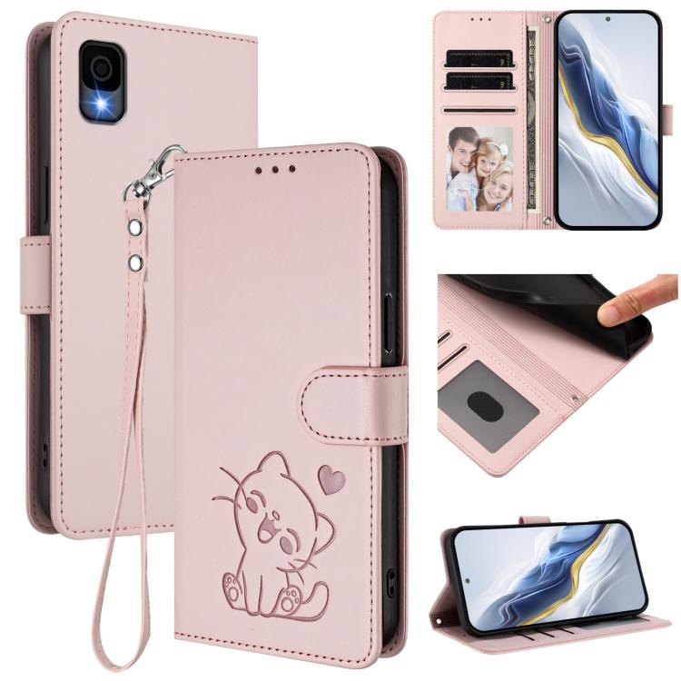 Embossed Heart Cat Leather Phone Case with Hand Strap, For TCL K70 Power 4G / K70 4G, For TCL NxtPaper 70 Pro 5G, For TCL K32 5G / K33 5G, For TCL 60 SE NxtPaper 5G, For TCL 30Z / T602DL / 30 LE / T602DL, For TCL 40 XL / Lively Jitterbug Smart4        ...