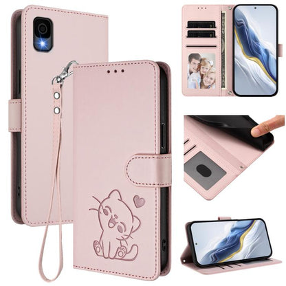 Embossed Heart Cat Leather Phone Case with Hand Strap, For TCL K70 Power 4G / K70 4G, For TCL NxtPaper 70 Pro 5G, For TCL K32 5G / K33 5G, For TCL 60 SE NxtPaper 5G, For TCL 30Z / T602DL / 30 LE / T602DL, For TCL 40 XL / Lively Jitterbug Smart4        ...