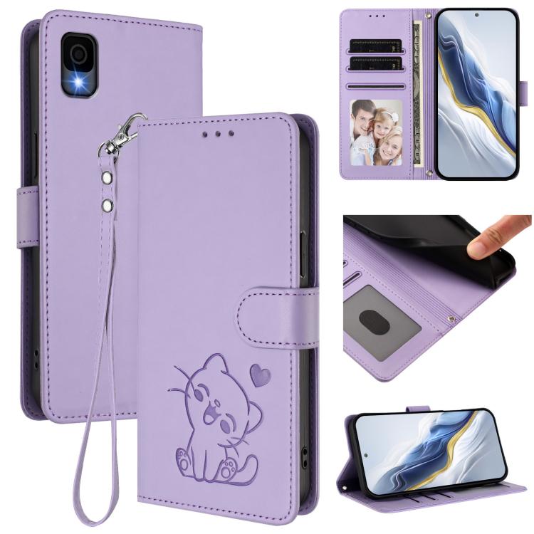 Embossed Heart Cat Leather Phone Case with Hand Strap, For TCL K70 Power 4G / K70 4G, For TCL NxtPaper 70 Pro 5G, For TCL K32 5G / K33 5G, For TCL 60 SE NxtPaper 5G, For TCL 30Z / T602DL / 30 LE / T602DL, For TCL 40 XL / Lively Jitterbug Smart4        ...