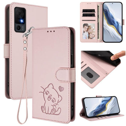 Embossed Heart Cat Leather Phone Case with Hand Strap, For TCL K70 Power 4G / K70 4G, For TCL NxtPaper 70 Pro 5G, For TCL K32 5G / K33 5G, For TCL 60 SE NxtPaper 5G, For TCL 30Z / T602DL / 30 LE / T602DL, For TCL 40 XL / Lively Jitterbug Smart4        ...