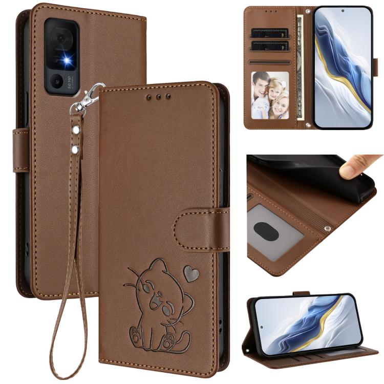 Embossed Heart Cat Leather Phone Case with Hand Strap, For TCL K70 Power 4G / K70 4G, For TCL NxtPaper 70 Pro 5G, For TCL K32 5G / K33 5G, For TCL 60 SE NxtPaper 5G, For TCL 30Z / T602DL / 30 LE / T602DL, For TCL 40 XL / Lively Jitterbug Smart4        ...