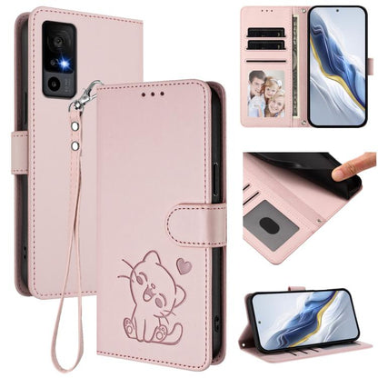 Embossed Heart Cat Leather Phone Case with Hand Strap, For TCL 50 SE / 40 NxtPaper 4G, For TCL 501 / Vodafone Smart M25, For TCL 505 / T509K / T5094, For TCL 502, For TCL 40 SE, For TCL 403 / Vodafone Smart M23, For TCL 40 R 5G / Sharp Aquos V6 5G     ...