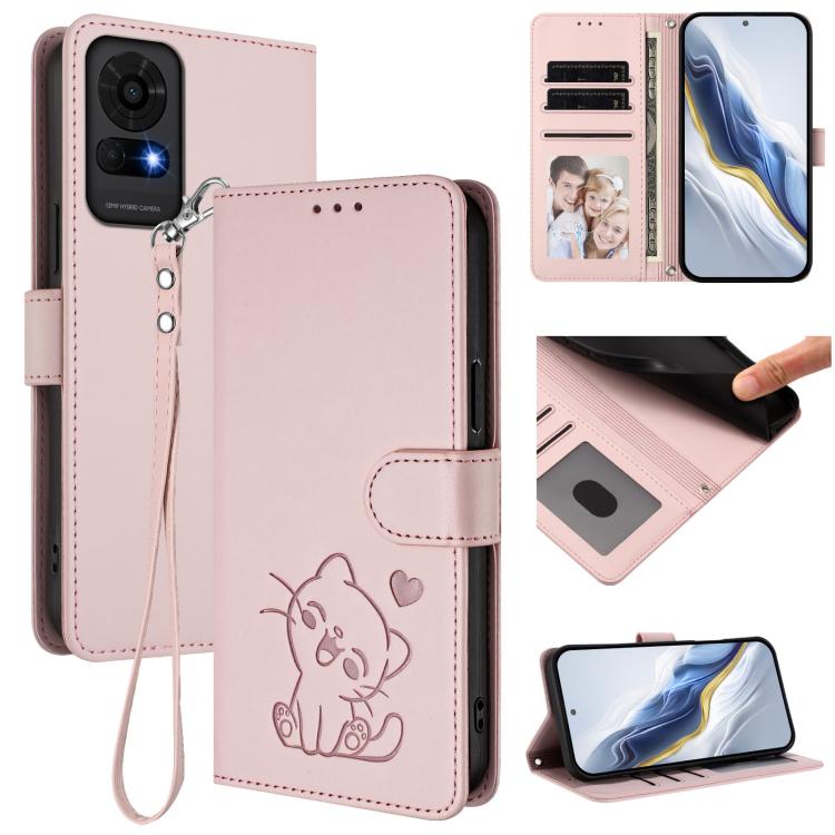 Embossed Heart Cat Leather Phone Case with Hand Strap, For TCL K70 Power 4G / K70 4G, For TCL NxtPaper 70 Pro 5G, For TCL K32 5G / K33 5G, For TCL 60 SE NxtPaper 5G, For TCL 30Z / T602DL / 30 LE / T602DL, For TCL 40 XL / Lively Jitterbug Smart4        ...
