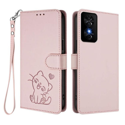 Embossed Heart Cat Leather Phone Case with Hand Strap, For TCL 50 SE / 40 NxtPaper 4G, For TCL 501 / Vodafone Smart M25, For TCL 505 / T509K / T5094, For TCL 502, For TCL 40 SE, For TCL 403 / Vodafone Smart M23, For TCL 40 R 5G / Sharp Aquos V6 5G     ...