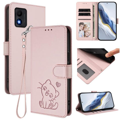Embossed Heart Cat Leather Phone Case with Hand Strap, For TCL Stylus 5G, For TCL 303, For TCL 30T / T603DL, For TCL 20R / Bremen 5G / 20AX 5G, For TCL 30 4G / 5G / 30+, For TCL 30 SE, For TCL 30 XE 5G / 30V 5G / T781S