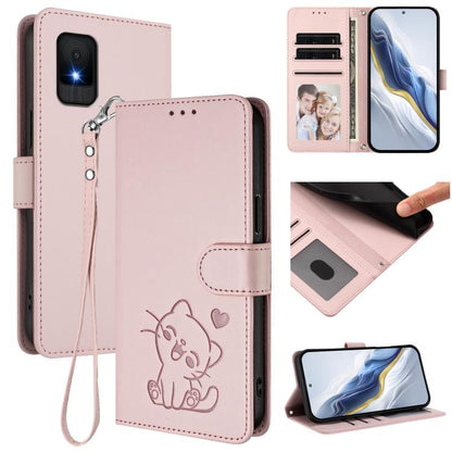 Embossed Heart Cat Leather Phone Case with Hand Strap, For TCL 50 SE / 40 NxtPaper 4G, For TCL 501 / Vodafone Smart M25, For TCL 505 / T509K / T5094, For TCL 502, For TCL 40 SE, For TCL 403 / Vodafone Smart M23, For TCL 40 R 5G / Sharp Aquos V6 5G     ...