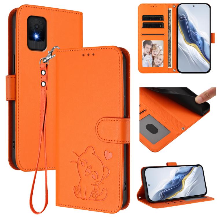 Embossed Heart Cat Leather Phone Case with Hand Strap, For TCL 50 SE / 40 NxtPaper 4G, For TCL 501 / Vodafone Smart M25, For TCL 505 / T509K / T5094, For TCL 502, For TCL 40 SE, For TCL 403 / Vodafone Smart M23, For TCL 40 R 5G / Sharp Aquos V6 5G     ...