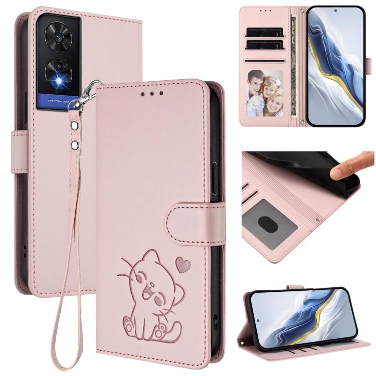 Embossed Heart Cat Leather Phone Case with Hand Strap, For TCL 50 SE / 40 NxtPaper 4G, For TCL 501 / Vodafone Smart M25, For TCL 505 / T509K / T5094, For TCL 502, For TCL 40 SE, For TCL 403 / Vodafone Smart M23, For TCL 40 R 5G / Sharp Aquos V6 5G     ...