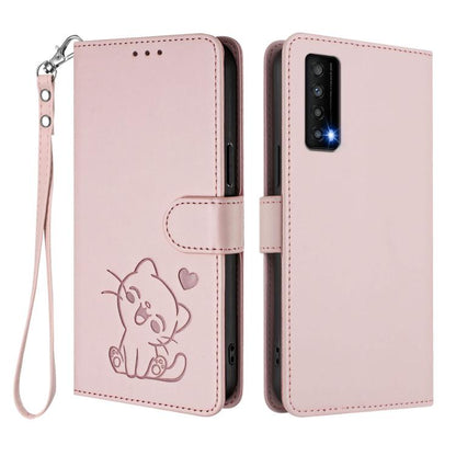 Embossed Heart Cat Leather Phone Case with Hand Strap, For TCL Stylus 5G, For TCL 303, For TCL 30T / T603DL, For TCL 20R / Bremen 5G / 20AX 5G, For TCL 30 4G / 5G / 30+, For TCL 30 SE, For TCL 30 XE 5G / 30V 5G / T781S