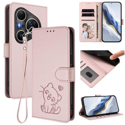 Embossed Heart Cat Leather Phone Case with Hand Strap, For Huawei nova 15 / nova 16z, For Huawei nova 16, For Huawei Pura 90 Pro Max 5G, For Huawei Pura 90 Pro 5G, For Huawei Mate 70 Air 5G, For Huawei Pura 80 Ultra 5G                                  ...
