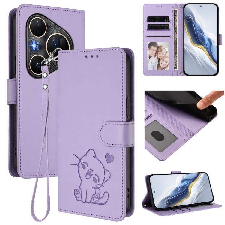 Embossed Heart Cat Leather Phone Case with Hand Strap, For Huawei nova 15 / nova 16z, For Huawei nova 16, For Huawei Pura 90 Pro Max 5G, For Huawei Pura 90 Pro 5G, For Huawei Mate 70 Air 5G, For Huawei Pura 80 Ultra 5G                                  ...