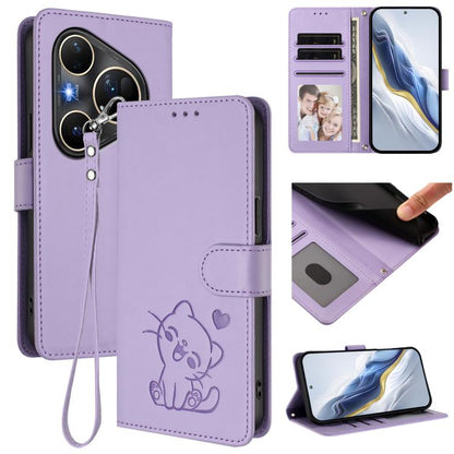 Embossed Heart Cat Leather Phone Case with Hand Strap, For Huawei nova 15 / nova 16z, For Huawei nova 16, For Huawei Pura 90 Pro Max 5G, For Huawei Pura 90 Pro 5G, For Huawei Mate 70 Air 5G, For Huawei Pura 80 Ultra 5G                                  ...