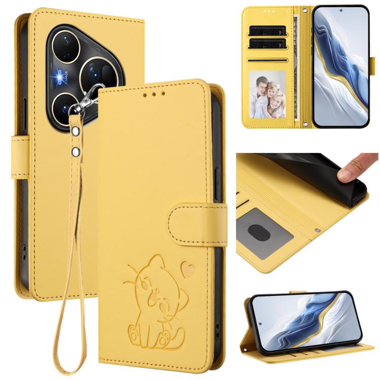 Embossed Heart Cat Leather Phone Case with Hand Strap, For Huawei nova 15 / nova 16z, For Huawei nova 16, For Huawei Pura 90 Pro Max 5G, For Huawei Pura 90 Pro 5G, For Huawei Mate 70 Air 5G, For Huawei Pura 80 Ultra 5G                                  ...