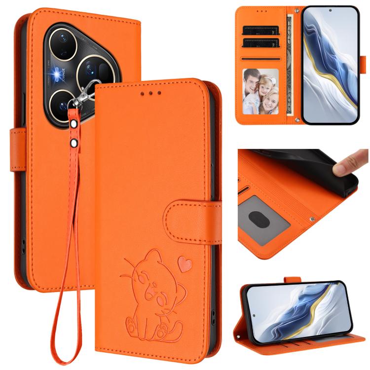 Embossed Heart Cat Leather Phone Case with Hand Strap, For Huawei nova 15 / nova 16z, For Huawei nova 16, For Huawei Pura 90 Pro Max 5G, For Huawei Pura 90 Pro 5G, For Huawei Mate 70 Air 5G, For Huawei Pura 80 Ultra 5G                                  ...