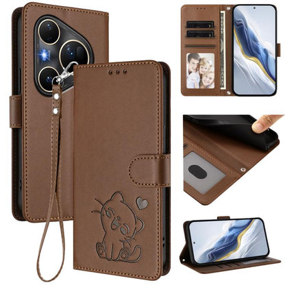 Embossed Heart Cat Leather Phone Case with Hand Strap, For Huawei nova 15 / nova 16z, For Huawei nova 16, For Huawei Pura 90 Pro Max 5G, For Huawei Pura 90 Pro 5G, For Huawei Mate 70 Air 5G, For Huawei Pura 80 Ultra 5G                                  ...