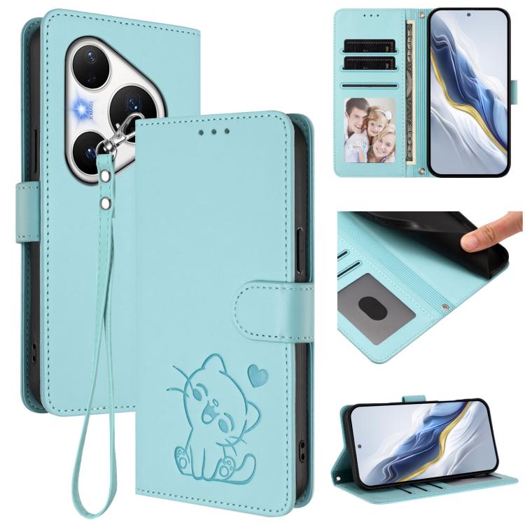Embossed Heart Cat Leather Phone Case with Hand Strap, For Huawei nova 15 / nova 16z, For Huawei nova 16, For Huawei Pura 90 Pro Max 5G, For Huawei Pura 90 Pro 5G, For Huawei Mate 70 Air 5G, For Huawei Pura 80 Ultra 5G                                  ...